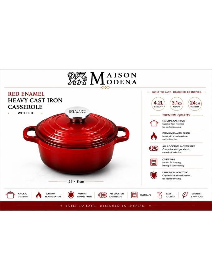 DO11RD Maison Modena Red Enamel Heavy Cast Iron Cookware Set – 7 Pieces - Image 4
