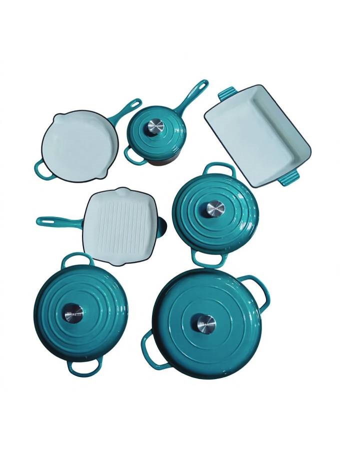 DO11LB Maison Modena Lake Blue Enamel Heavy Cast Iron Cookware Set – 7 Pieces