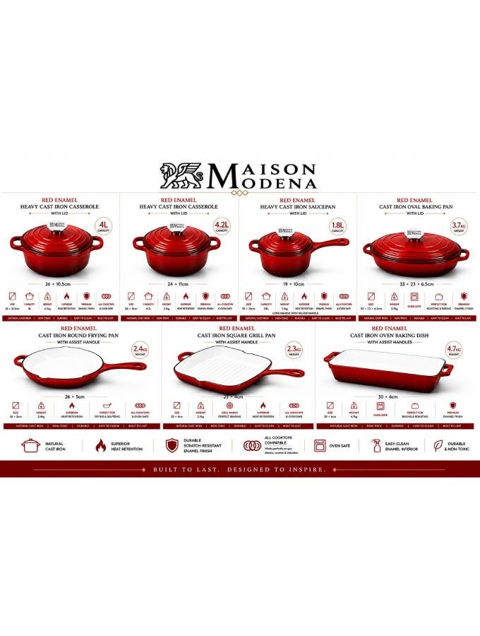 DO11RD Maison Modena Red Enamel Heavy Cast Iron Cookware Set – 7 Pieces - Image 2